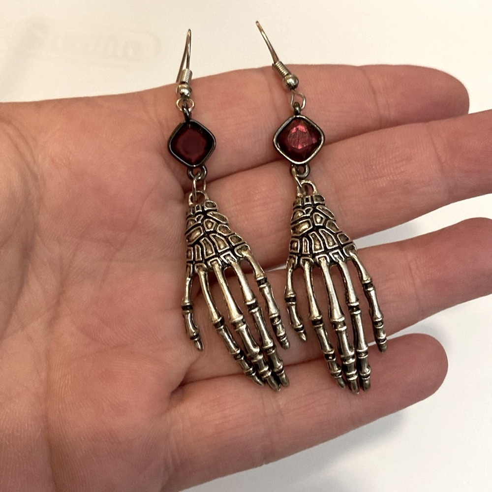 Handmade Upcycled Artisian Skeleton Bone Creepy Hands Dangle Drop Pierce Earring